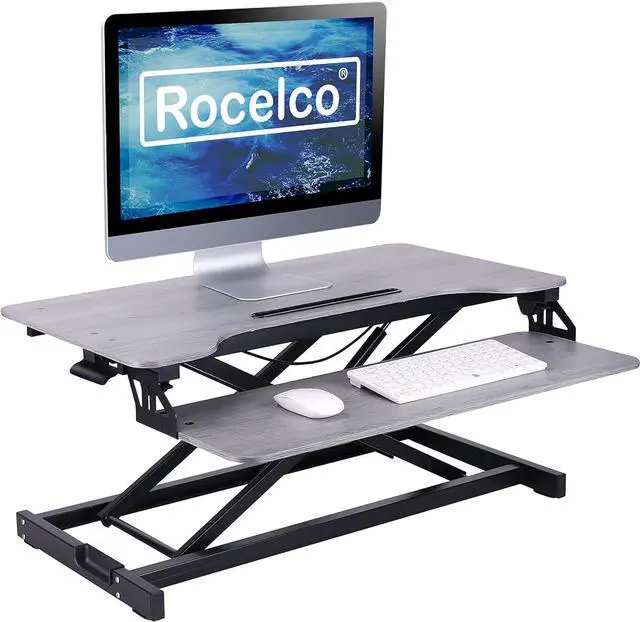Main image of Rocelco Standing Desk Converter 31.5 Inch Sit Stand Up Dual Monitor Tabletop Riser with Tablet Mount, Height Adjustable Home Office Workstation - Deep Keyboard Tray for Laptop Mouse - Gray (R VADRG)