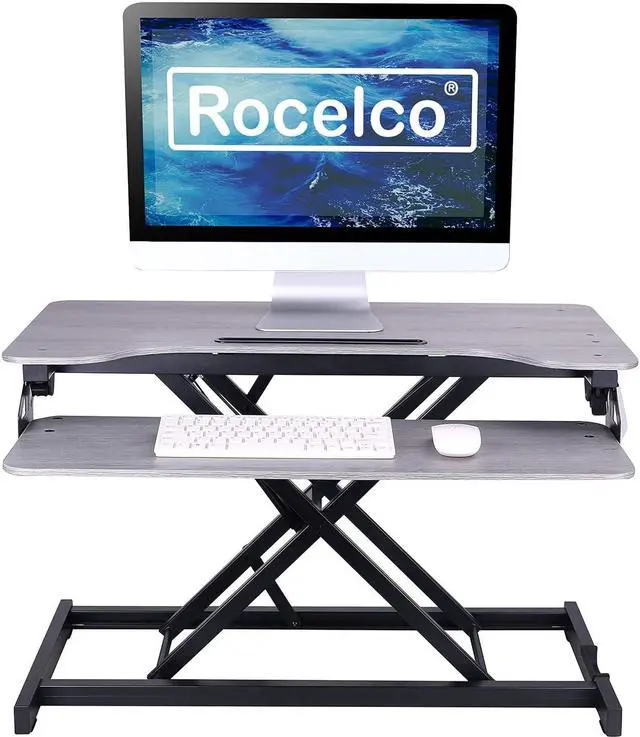 Alt view image 4 of 6 - Rocelco Standing Desk Converter 31.5 Inch Sit Stand Up Dual Monitor Tabletop Riser with Tablet Mount, Height Adjustable Home Office Workstation - Deep Keyboard Tray for Laptop Mouse - Gray (R VADRG)