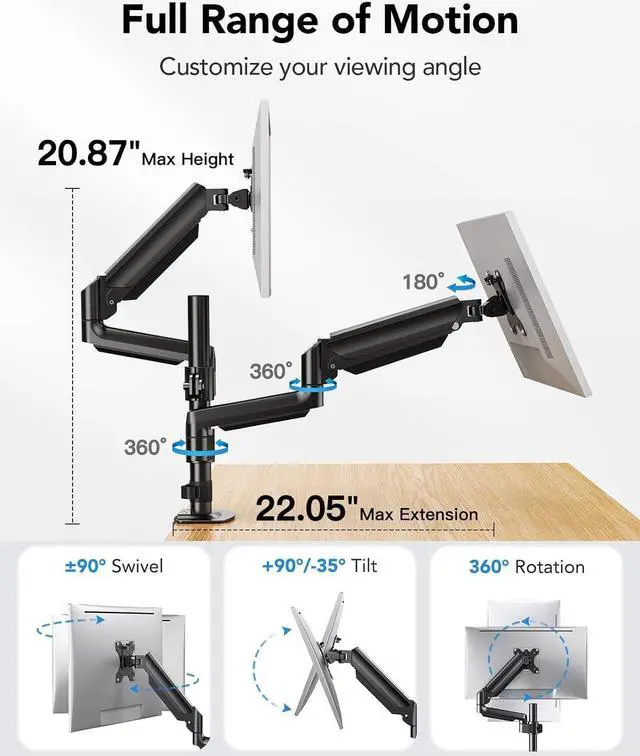 Alt view image 4 of 7 - HUANUO Dual Monitor Mount up to 32 inches Screens, Taller Monitor Stand Hold 19.8lbs, Dual Monitor Arm Desk Mount Easy Adjustable with Tilt, Swivel, Rotation, VESA 75/100mm