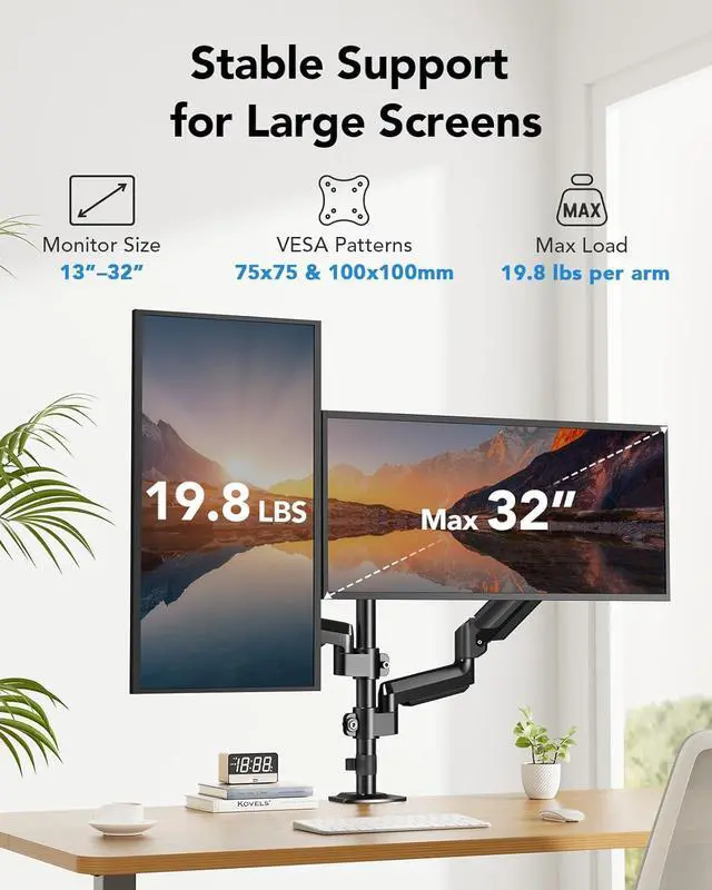 Alt view image 2 of 7 - HUANUO Dual Monitor Mount up to 32 inches Screens, Taller Monitor Stand Hold 19.8lbs, Dual Monitor Arm Desk Mount Easy Adjustable with Tilt, Swivel, Rotation, VESA 75/100mm
