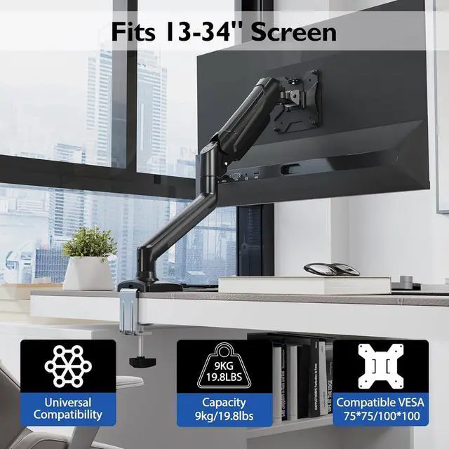 Alt view image 4 of 7 - BONTEC Single Monitor Desk Mount, 13 to 34 Inch Gas Spring Monitor Arm, Adjustable Stand, VESA Mount with Clamp and Grommet Base, Fits 6.6 to 19.8lbs LCD Computer Monitors, Cable Management, Black