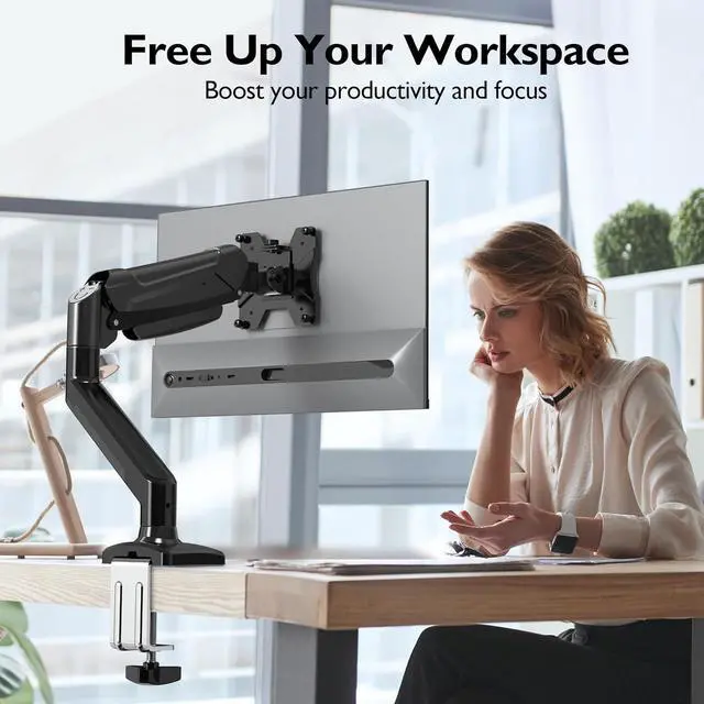 Alt view image 6 of 7 - BONTEC Single Monitor Desk Mount, 13 to 34 Inch Gas Spring Monitor Arm, Adjustable Stand, VESA Mount with Clamp and Grommet Base, Fits 6.6 to 19.8lbs LCD Computer Monitors, Cable Management, Black