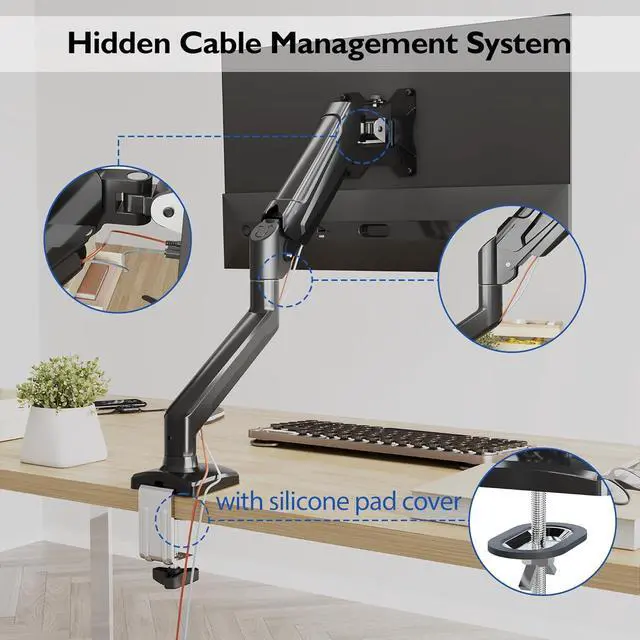 Alt view image 7 of 7 - BONTEC Single Monitor Desk Mount, 13 to 34 Inch Gas Spring Monitor Arm, Adjustable Stand, VESA Mount with Clamp and Grommet Base, Fits 6.6 to 19.8lbs LCD Computer Monitors, Cable Management, Black