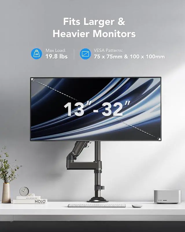 Alt view image 2 of 7 - HUANUO Single Monitor Mount, Adjustable Monitor Arm Desk Mount Fits 13-32 inch Screen, Holds 19.8lb, Monitor Stand with 24.41 inch Max Height, Full Motion Swivel Monitor Arm with Vesa Mount