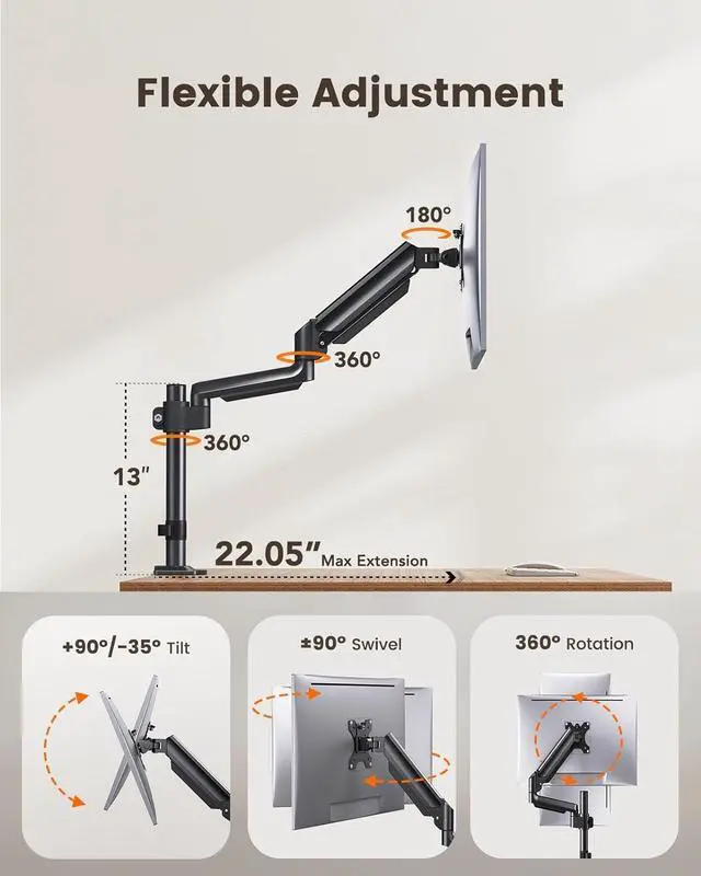 Alt view image 5 of 7 - ErGear Single Monitor Mount, Monitor Arm Desk Mount for 13-32 Inch Computer Holds 19.8 lbs,Stand for Desk with Swivel/Tilt/Rotation, VESA 75x75 or 100x100mm