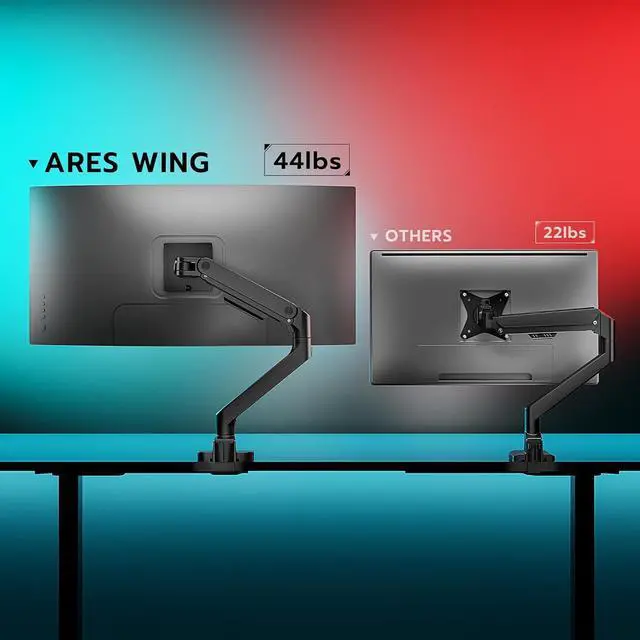 Alt view image 2 of 7 - ARES WING Ultrawide Monitor Arm for 17 to 49 Inch Heavy Duty Curved Screen, Holds 44 Lbs, Adjustable Gas Spring Monitor Arm Desk Mount with C Clamp, Grommet Base, 75/100 Vesa Mount, Black