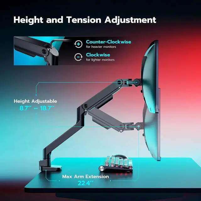 Alt view image 5 of 7 - ARES WING Ultrawide Monitor Arm for 17 to 49 Inch Heavy Duty Curved Screen, Holds 44 Lbs, Adjustable Gas Spring Monitor Arm Desk Mount with C Clamp, Grommet Base, 75/100 Vesa Mount, Black