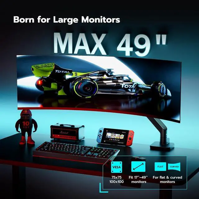 Alt view image 5 of 7 - Ultrawide Monitor Arm for 17 to 49 Inch Heavy Duty Curved Monitor, Holds 44 Lbs, Adjustable Gas Spring Monitor Arm Desk Mount with C Clamp, Grommet Base, 75/100 Vesa Mount, Black