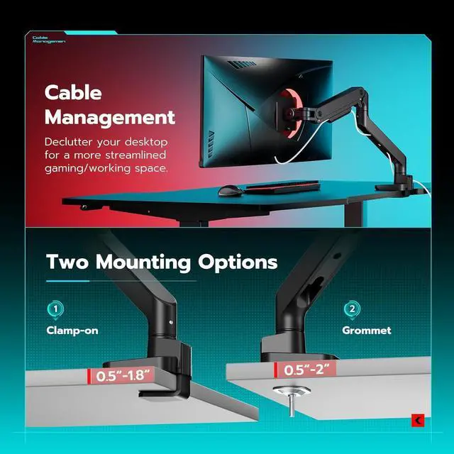 Alt view image 6 of 7 - ARES WING Ultrawide Monitor Arm for 17 to 49 Inch Heavy Duty Curved Screen, Holds 44 Lbs, Adjustable Gas Spring Monitor Arm Desk Mount with C Clamp, Grommet Base, 75/100 Vesa Mount, Black
