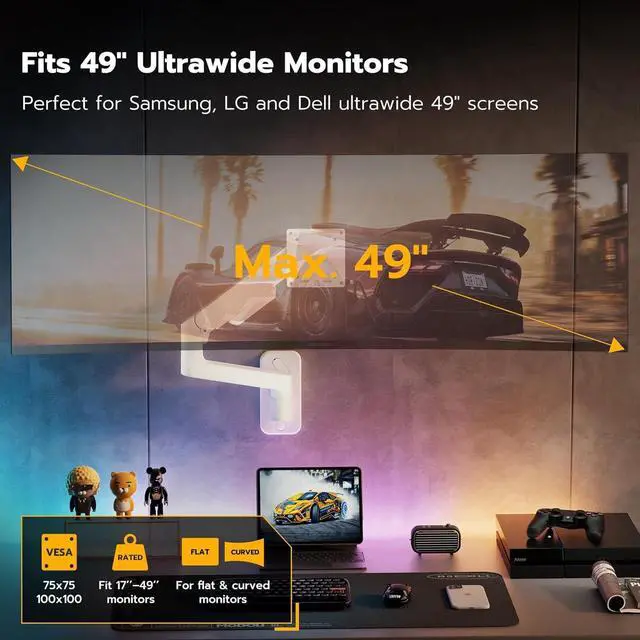 Alt view image 3 of 7 - Wall Mount Monitor Arm for 17-49 Inch Ultrawide Monitors, Heavy Duty Single Monitor Mount Holds 44 lbs, Fully Adjustable Gas Spring Monitor Arm Wall Mount, 75x75/100x100 VESA Mount, White