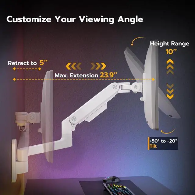 Alt view image 4 of 7 - ARES WING Wall Mount Monitor Arm for 17-49 Inch Ultrawide Screens, Heavy Duty Single Monitor Mount Holds 44 lbs, Fully Adjustable Gas Spring Wall Mount, 75x75/100x100 VESA Mount, White