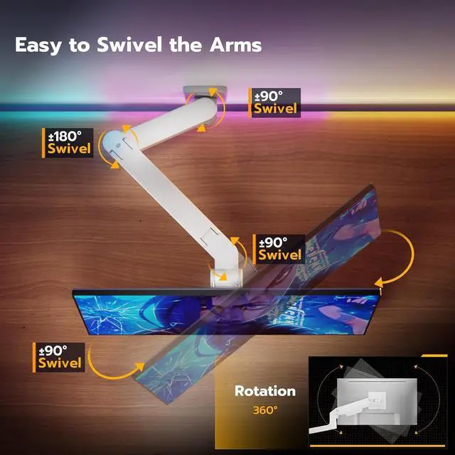 Alt view image 5 of 7 - ARES WING Wall Mount Monitor Arm for 17-49 Inch Ultrawide Screens, Heavy Duty Single Monitor Mount Holds 44 lbs, Fully Adjustable Gas Spring Wall Mount, 75x75/100x100 VESA Mount, White