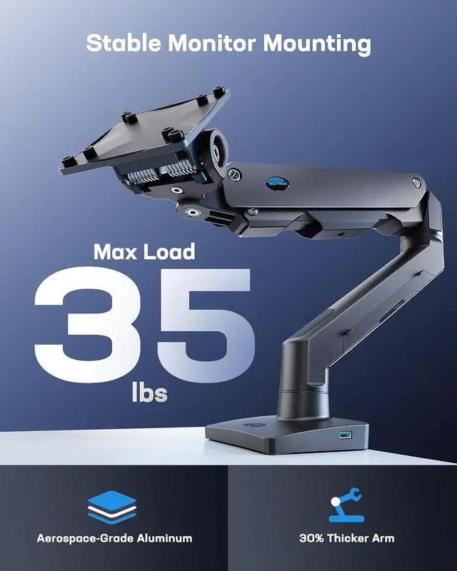 Alt view image 3 of 7 - HUANUO Heavy Duty Monitor Arm for 49 inches Screens up to 35 lbs, Aluminum Ultrawide Monitor Mount for Samsung Odyssey G9 Monitor Arm, Fully Adjustable Monitor Stand for Desk, VESA 100x100mm, Black