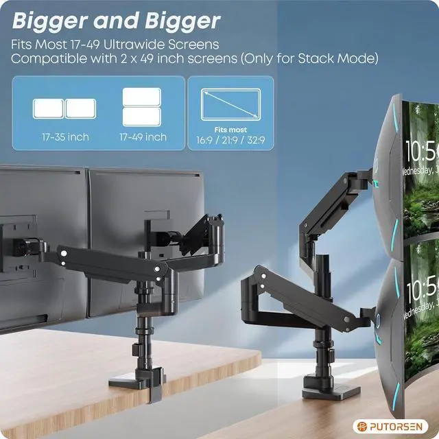 Alt view image 2 of 7 - PUTORSEN 17-49 inch Premium Aluminum Heavy Duty Dual Monitor Arm for Ultrawide Screens up to 44lbs, Vertical Stacked Dual Monitor Desk Mount, Full Motion Dual Vertical Monitor Mount, VESA 75/100,Black