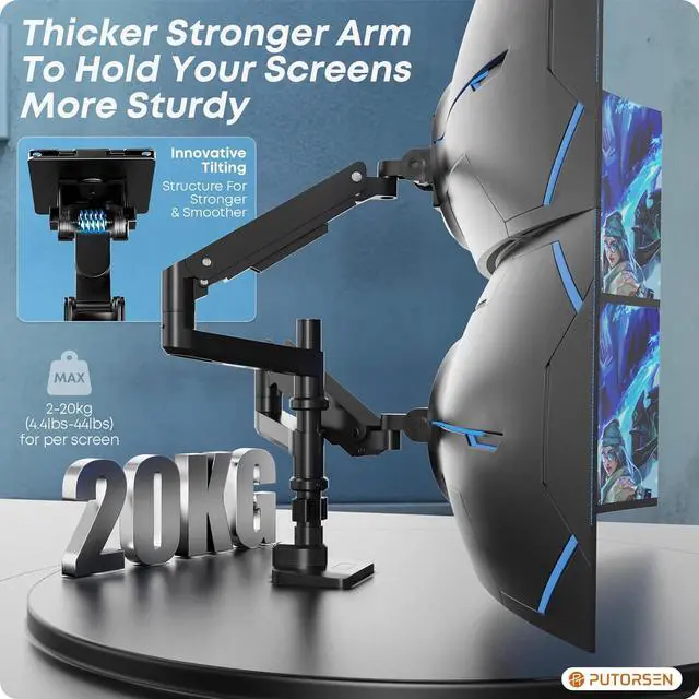 Alt view image 3 of 7 - PUTORSEN 17-49 inch Premium Aluminum Heavy Duty Dual Monitor Arm for Ultrawide Screens up to 44lbs, Vertical Stacked Dual Monitor Desk Mount, Full Motion Dual Vertical Monitor Mount, VESA 75/100,Black