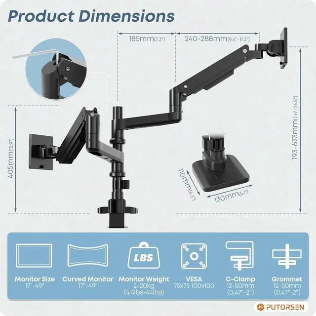 Alt view image 5 of 7 - PUTORSEN 17-49 inch Premium Aluminum Heavy Duty Dual Monitor Arm for Ultrawide Screens up to 44lbs, Vertical Stacked Dual Monitor Desk Mount, Full Motion Dual Vertical Monitor Mount, VESA 75/100,Black
