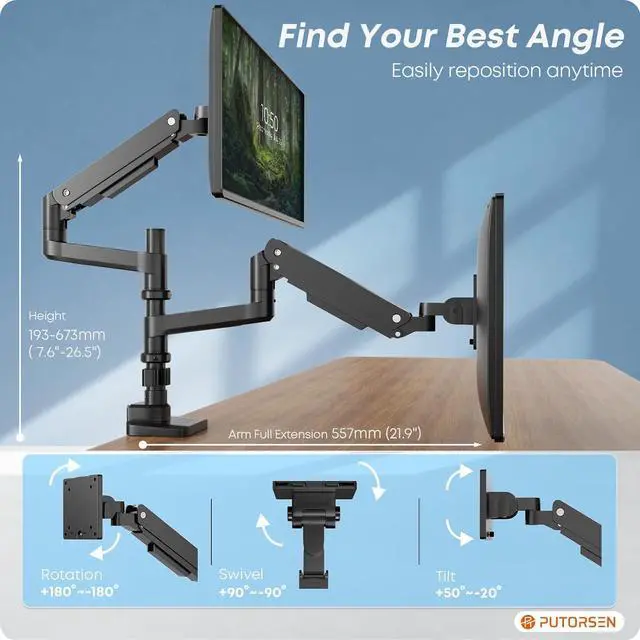 Alt view image 7 of 7 - PUTORSEN 17-49 inch Premium Aluminum Heavy Duty Dual Monitor Arm for Ultrawide Screens up to 44lbs, Vertical Stacked Dual Monitor Desk Mount, Full Motion Dual Vertical Monitor Mount, VESA 75/100,Black