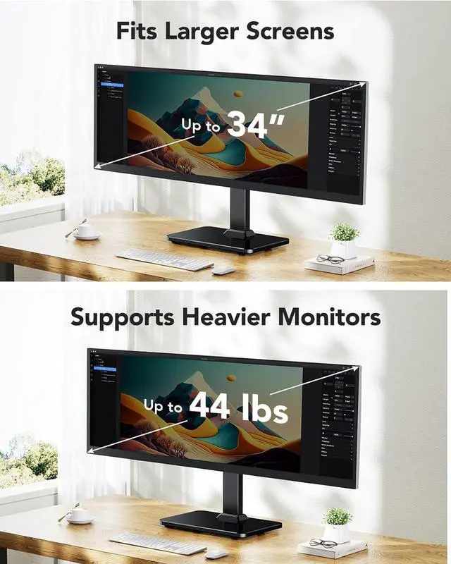 Alt view image 2 of 7 - HUANUO Monitor Stand, Freestanding VESA Mount for 13 to 34 Inch Screens, Holds up to 44lbs, 5 Height Options, Swivel Desk Stand Riser with 360 Rotation, VESA 75x75mm/100x100mm
