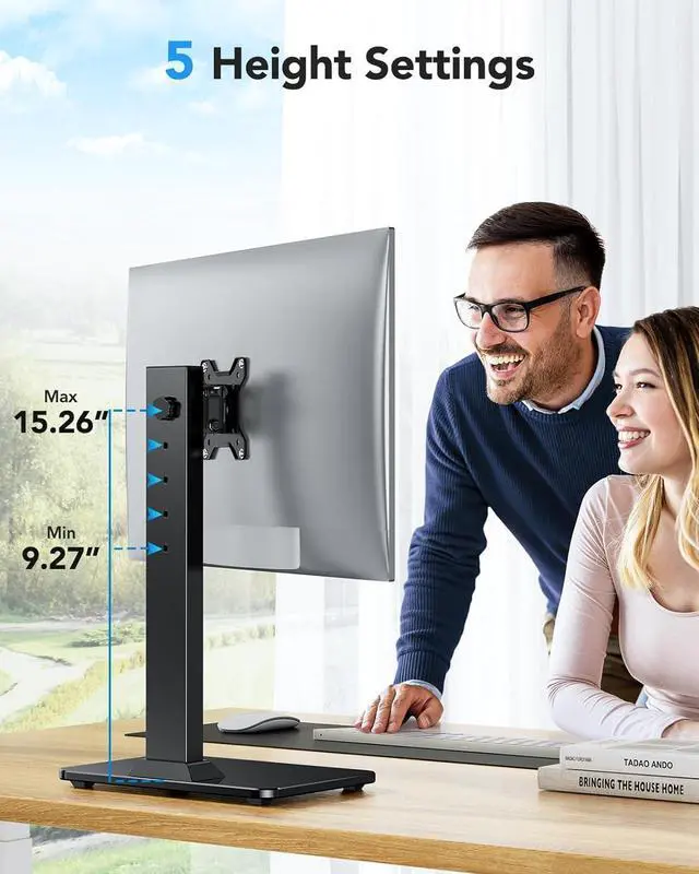 Alt view image 3 of 7 - HUANUO Monitor Stand, Freestanding VESA Mount for 13 to 34 Inch Screens, Holds up to 44lbs, 5 Height Options, Swivel Desk Stand Riser with 360 Rotation, VESA 75x75mm/100x100mm