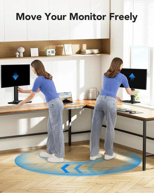 Alt view image 5 of 7 - HUANUO Monitor Stand, Freestanding VESA Mount for 13 to 34 Inch Screens, Holds up to 44lbs, 5 Height Options, Swivel Desk Stand Riser with 360 Rotation, VESA 75x75mm/100x100mm