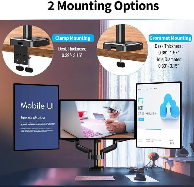 Alt view image 6 of 7 - MOUNTUP Triple Monitor Mount, Three Monitor Desk Mount for Max 27 inch Computer Screens, Triple Monitors Stand with Gas Spring, Monitors Arm with Swivel, Tilt, Rotation, Each Arm Holds Up to 19.8 lbs