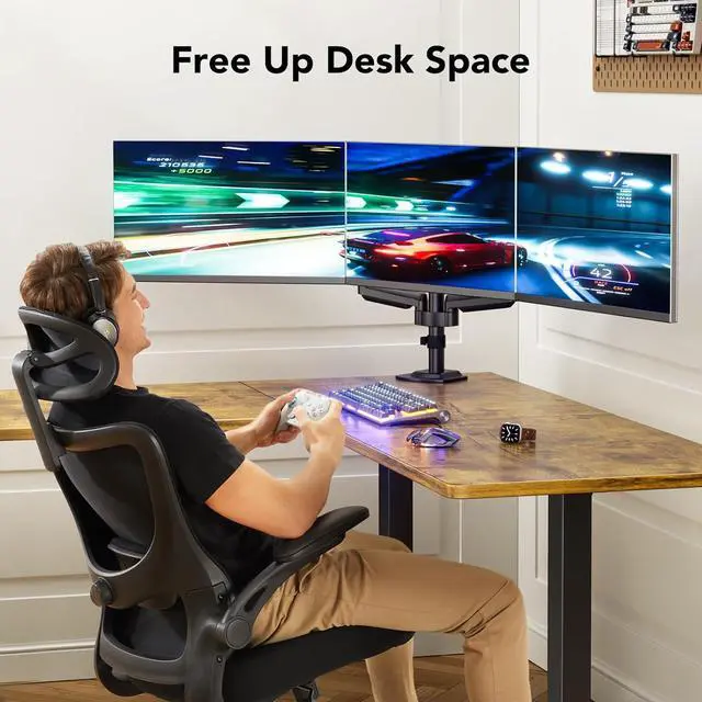 Alt view image 3 of 7 - HUANUO Triple Monitor Mount for 13-27 inch Computer Screens, Triple Monitor Stand with Gas Springcore Arm Holds 17.6lbs, 3 Monitor Stand Desk Mount with Tilt, Swivel, Rotation, VESA 75x75, 100x100mm