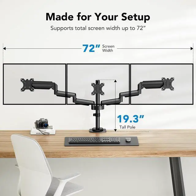 Alt view image 5 of 7 - HUANUO Triple Monitor Mount for 13-27 inch Computer Screens, Triple Monitor Stand with Gas Springcore Arm Holds 17.6lbs, 3 Monitor Stand Desk Mount with Tilt, Swivel, Rotation, VESA 75x75, 100x100mm