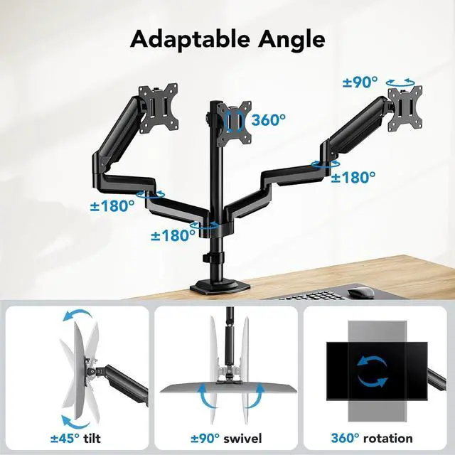 Alt view image 4 of 7 - HUANUO Triple Monitor Mount for 13-27 inch Computer Screens, Triple Monitor Stand with Gas Springcore Arm Holds 17.6lbs, 3 Monitor Stand Desk Mount with Tilt, Swivel, Rotation, VESA 75x75, 100x100mm