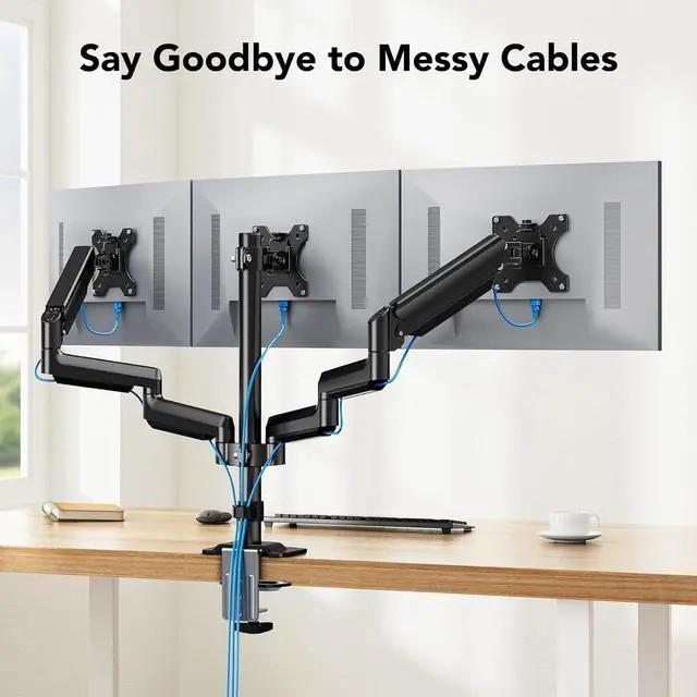 Alt view image 7 of 7 - HUANUO Triple Monitor Mount for 13-27 inch Computer Screens, Triple Monitor Stand with Gas Springcore Arm Holds 17.6lbs, 3 Monitor Stand Desk Mount with Tilt, Swivel, Rotation, VESA 75x75, 100x100mm