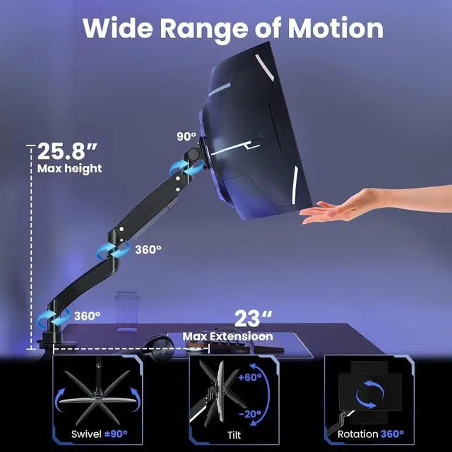 Alt view image 3 of 7 - Ultrawide Monitor-Arm Heavy Duty 22-57 - PUTORSEN Aluminum Single Monitor Mount Holds up to 59.4lbs, Premium Adjustable Desk Mount Stand, VESA75/100/200mm, Black
