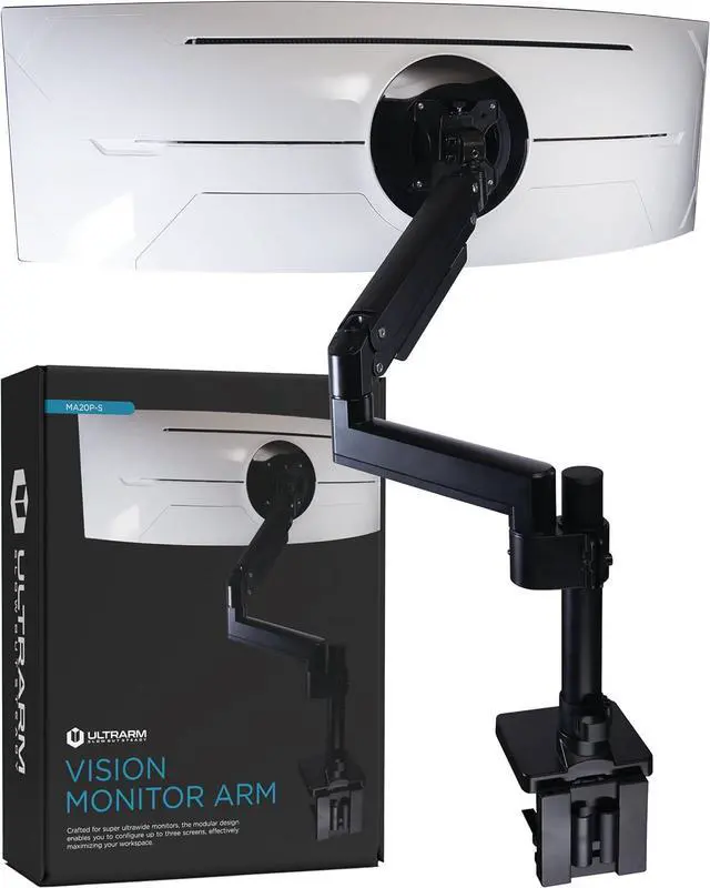 Main image of Heavy Duty Monitor Arm for Ultrawide Monitors up to 57" and 44 lbs, Single Desk Stand, Pneumatic Height Adjustable, Modular Extension Arms - Max VESA 100x100, Black, MA20P-S