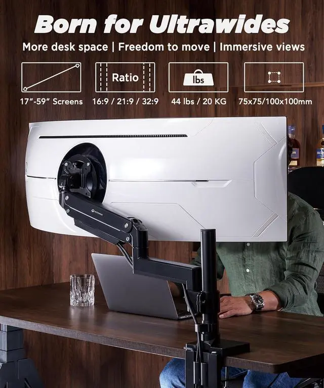 Alt view image 2 of 7 - Heavy Duty Monitor Arm for Ultrawide Monitors up to 57" and 44 lbs, Single Desk Stand, Pneumatic Height Adjustable, Modular Extension Arms - Max VESA 100x100, Black, MA20P-S