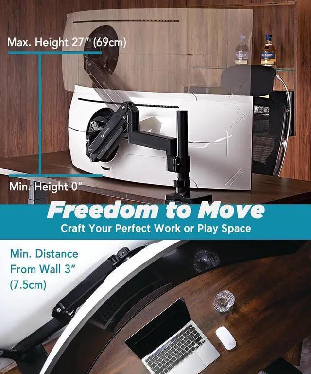 Alt view image 3 of 7 - Heavy Duty Monitor Arm for Ultrawide Monitors up to 57" and 44 lbs, Single Desk Stand, Pneumatic Height Adjustable, Modular Extension Arms - Max VESA 100x100, Black, MA20P-S