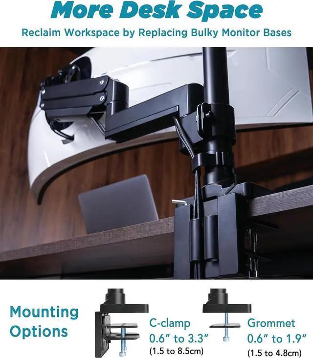 Alt view image 4 of 7 - Heavy Duty Monitor Arm for Ultrawide Monitors up to 57" and 44 lbs, Single Desk Stand, Pneumatic Height Adjustable, Modular Extension Arms - Max VESA 100x100, Black, MA20P-S