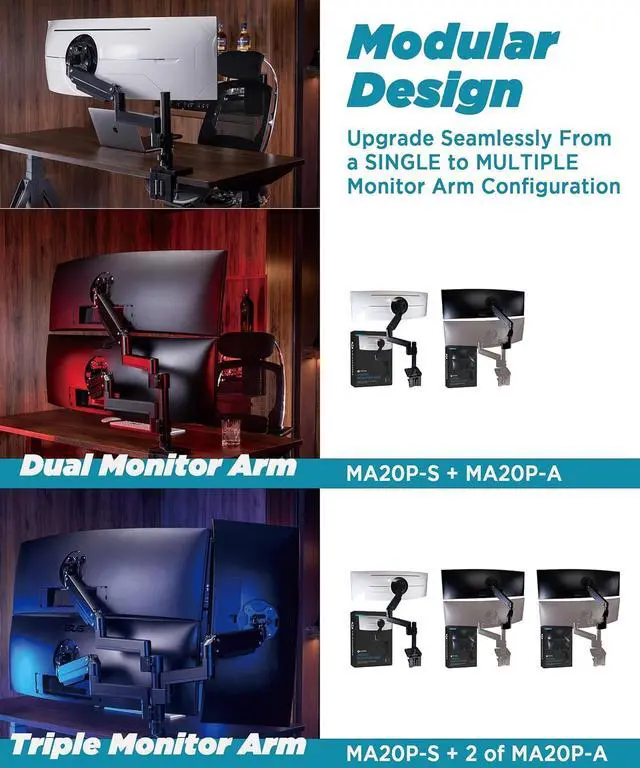 Alt view image 6 of 7 - Heavy Duty Monitor Arm for Ultrawide Monitors up to 57" and 44 lbs, Single Desk Stand, Pneumatic Height Adjustable, Modular Extension Arms - Max VESA 100x100, Black, MA20P-S