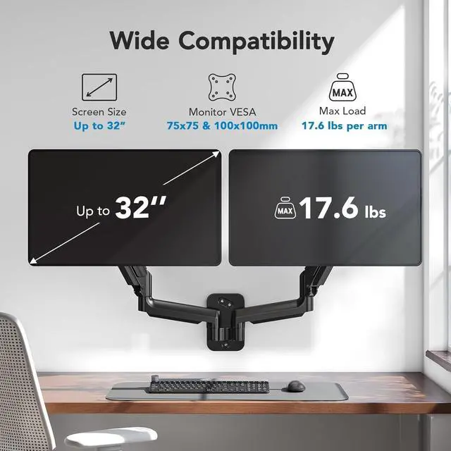 Alt view image 2 of 7 - HUANUO Dual Monitor Wall Mount for 17-32 Inch Screens - Height-Adjustable Gas Spring Arms (Per Arm 4.4-17.6lbs) - VESA 75x75/100x100 - Tilt, Swivel, Rotation - Home Office & Workspace Desk Setup