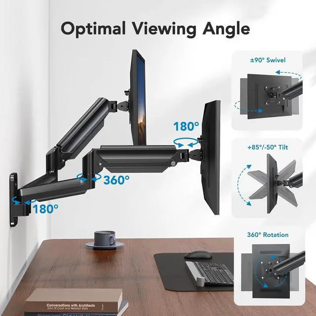 Alt view image 3 of 7 - HUANUO Dual Monitor Wall Mount for 17-32 Inch Screens - Height-Adjustable Gas Spring Arms (Per Arm 4.4-17.6lbs) - VESA 75x75/100x100 - Tilt, Swivel, Rotation - Home Office & Workspace Desk Setup