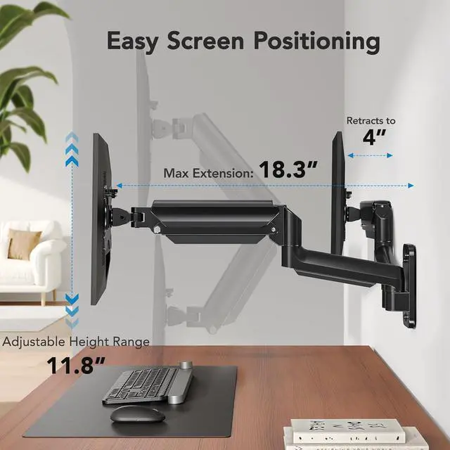 Alt view image 4 of 7 - HUANUO Dual Monitor Wall Mount for 17-32 Inch Screens - Height-Adjustable Gas Spring Arms (Per Arm 4.4-17.6lbs) - VESA 75x75/100x100 - Tilt, Swivel, Rotation - Home Office & Workspace Desk Setup