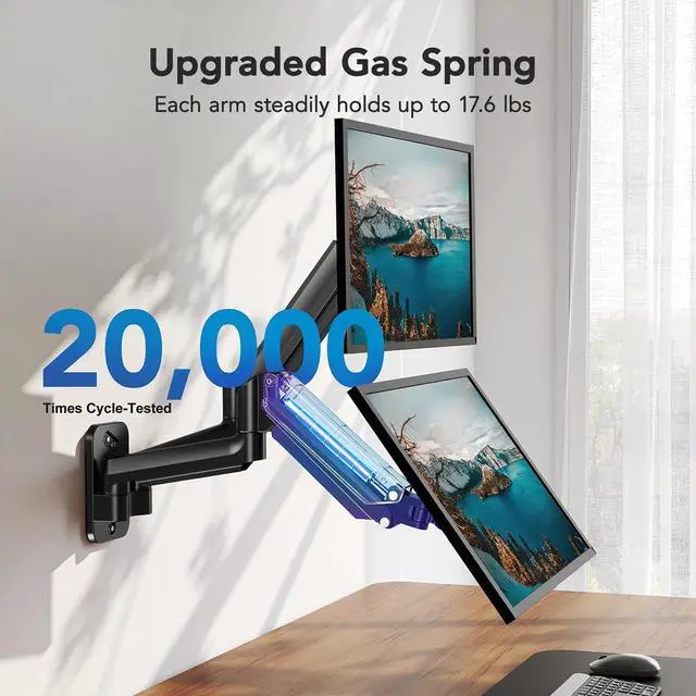 Alt view image 5 of 7 - HUANUO Dual Monitor Wall Mount for 17-32 Inch Screens - Height-Adjustable Gas Spring Arms (Per Arm 4.4-17.6lbs) - VESA 75x75/100x100 - Tilt, Swivel, Rotation - Home Office & Workspace Desk Setup