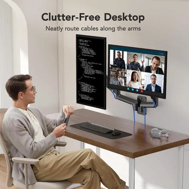 Alt view image 7 of 7 - HUANUO Dual Monitor Wall Mount for 17-32 Inch Screens - Height-Adjustable Gas Spring Arms (Per Arm 4.4-17.6lbs) - VESA 75x75/100x100 - Tilt, Swivel, Rotation - Home Office & Workspace Desk Setup