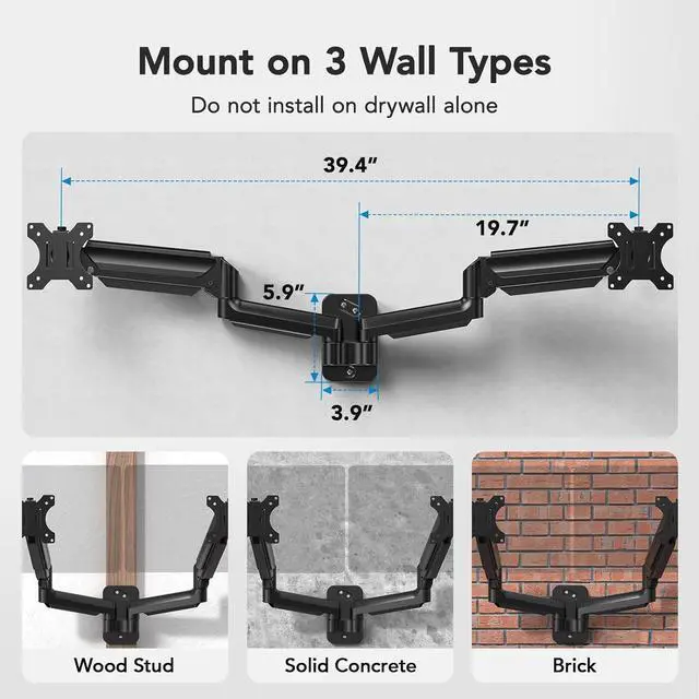 Alt view image 6 of 7 - HUANUO Dual Monitor Wall Mount for 17-32 Inch Screens - Height-Adjustable Gas Spring Arms (Per Arm 4.4-17.6lbs) - VESA 75x75/100x100 - Tilt, Swivel, Rotation - Home Office & Workspace Desk Setup