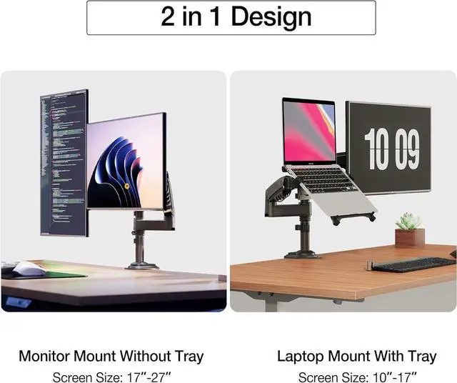 Alt view image 2 of 6 - NB North Bayou Dual Arm 2 in 1 Combo, Laptop Mount with Adjustable Tray for 10-17Notebook, Full Motion Monitor Arm with VESA Plate for 17-27 Monitor (Within 4.4~19.8lbs) H180-FP