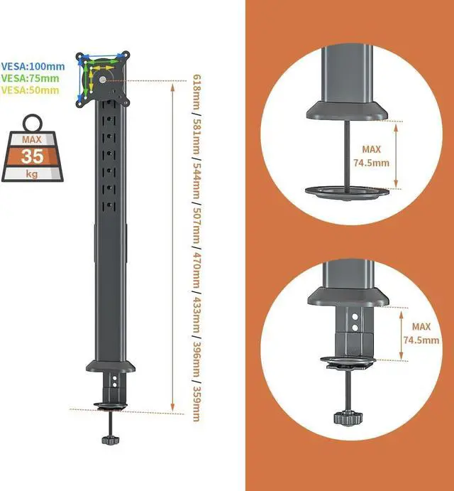 Alt view image 6 of 7 - HEMUDU Single Tall Desk Monitor Arm Mount Stand Fit for 27 inch to 42 inch Flat Curved Computer Screen with Swivel, Height Adjustable, Rotation,Holds up to 77lbs, Black