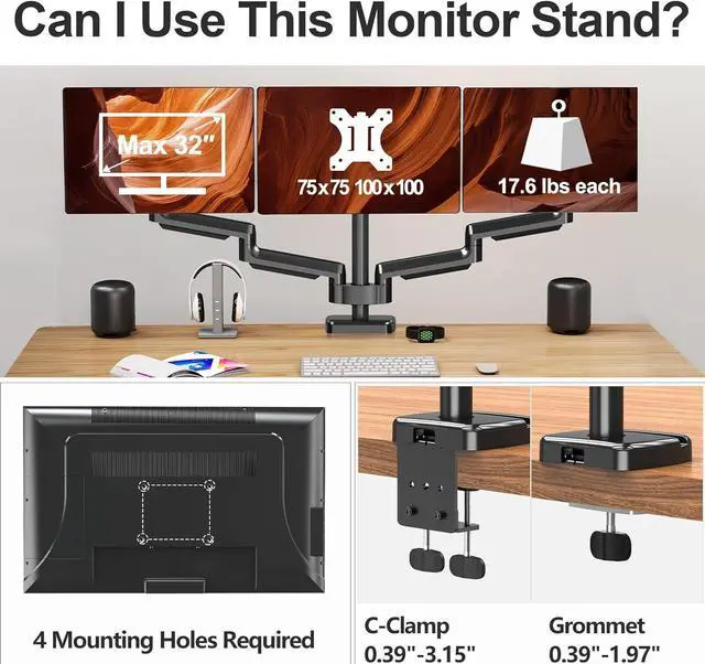 Alt view image 7 of 7 - MOUNT PRO Triple Monitor Mount, 3 Monitor Desk Mount for There Screens up to 32 Inch, Full Motion Gas Spring Triple Monitor Stand, Heavy Duty Monitor Arm Hold up to 17.6lbs Each, VESA Mount, Black