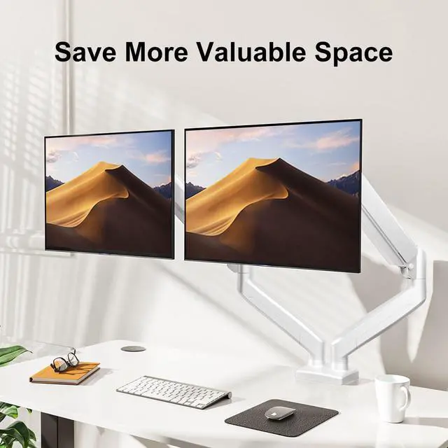 Alt view image 2 of 7 - Dual Monitor Mount Fits 13 to 32 Inch Computer Screen, Dual Monitor Arm Hold up to 19.8lbs Each, Full Motion Monitor Desk Mounts for 2 Monitors, Gas Spring Monitor Stand, VESA Mount, White