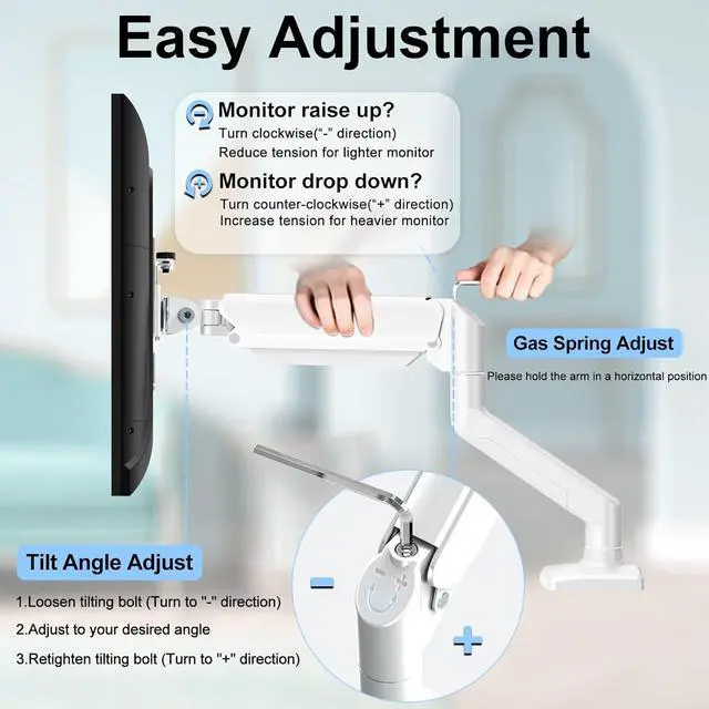 Alt view image 3 of 7 - Dual Monitor Mount Fits 13 to 32 Inch Computer Screen, Dual Monitor Arm Hold up to 19.8lbs Each, Full Motion Monitor Desk Mounts for 2 Monitors, Gas Spring Monitor Stand, VESA Mount, White