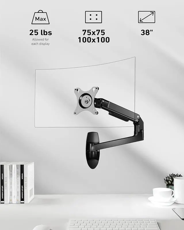 Alt view image 2 of 7 - Monitor Wall Mount for Flat or Curved Screens up to 38" Within 25 lbs, Full Motion Adjustable Monitor Arm Wall Mount with Cable Management, VESA 75x75/100x100mm, Black