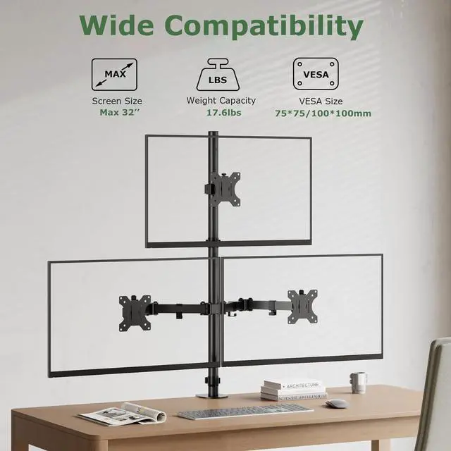 Alt view image 3 of 7 - 3 Monitor Desk Mount for 17 to 32 inch Screens, Fully Adjustable Triple Monitor Stand with Tilt,Swivel,Rotate, Each Arm Holds up 17.6 lbs,VESA Mount 75x75/100x100mm, Clamp & Grommet Kit