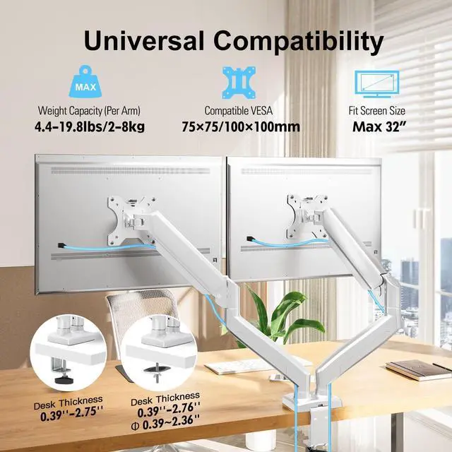 Alt view image 6 of 7 - Dual Monitor Mount Fits 13 to 32 Inch Computer Screen, Dual Monitor Arm Hold up to 19.8lbs Each, Full Motion Monitor Desk Mounts for 2 Monitors, Gas Spring Monitor Stand, VESA Mount, White