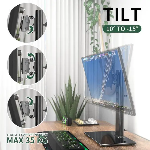 Alt view image 4 of 7 - Single Monitor Desk Stand Free-Standing Desk Mount Arm Riser for 13 inch to 32 inch Screen Freestanding VESA Mount Base, Adjustable Height, Tilt, Swivel, Rotation, Black AX05TB01